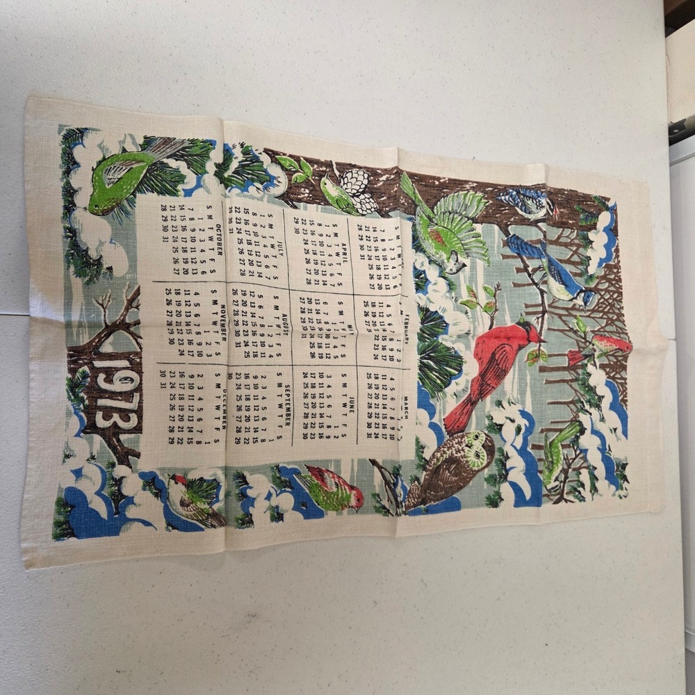 Vintage 1973 Calendar Tea Towel Linen Birds Cardinal Owl Nature Retro 27x16